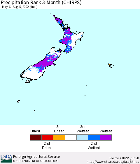 New Zealand Precipitation Rank since 1981, 3-Month (CHIRPS) Thematic Map For 5/6/2022 - 8/5/2022