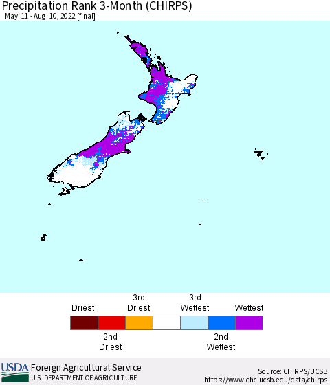 New Zealand Precipitation Rank since 1981, 3-Month (CHIRPS) Thematic Map For 5/11/2022 - 8/10/2022