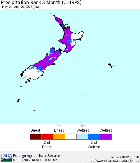 New Zealand Precipitation Rank since 1981, 3-Month (CHIRPS) Thematic Map For 5/21/2022 - 8/20/2022