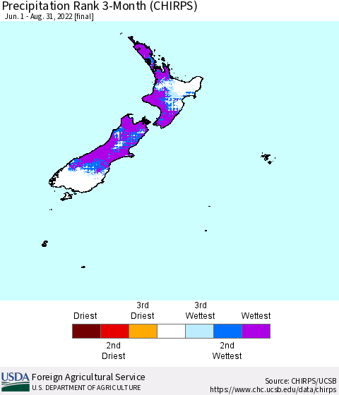 New Zealand Precipitation Rank since 1981, 3-Month (CHIRPS) Thematic Map For 6/1/2022 - 8/31/2022