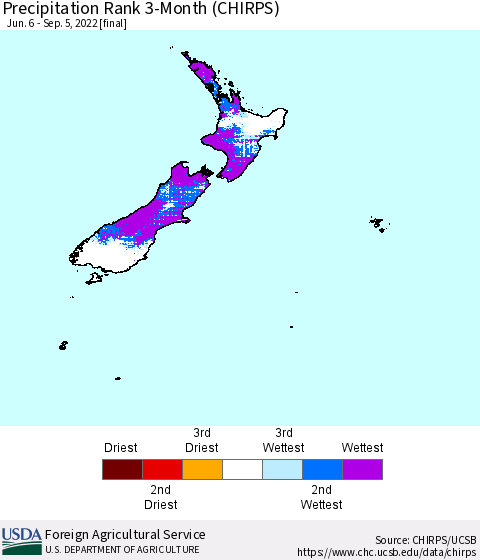 New Zealand Precipitation Rank since 1981, 3-Month (CHIRPS) Thematic Map For 6/6/2022 - 9/5/2022