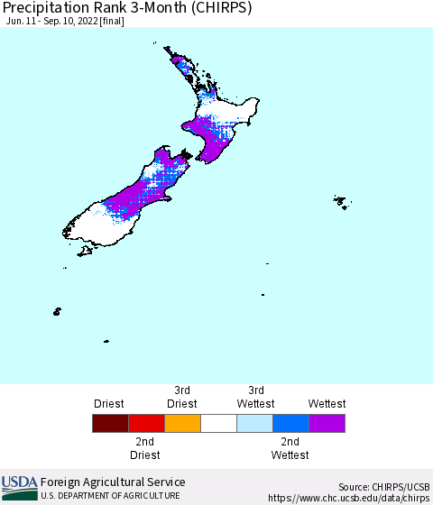New Zealand Precipitation Rank since 1981, 3-Month (CHIRPS) Thematic Map For 6/11/2022 - 9/10/2022