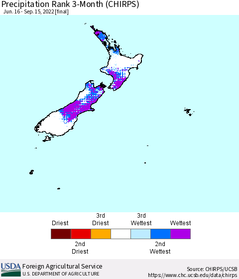 New Zealand Precipitation Rank since 1981, 3-Month (CHIRPS) Thematic Map For 6/16/2022 - 9/15/2022