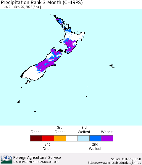 New Zealand Precipitation Rank since 1981, 3-Month (CHIRPS) Thematic Map For 6/21/2022 - 9/20/2022