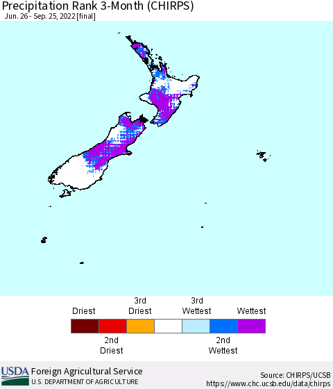 New Zealand Precipitation Rank since 1981, 3-Month (CHIRPS) Thematic Map For 6/26/2022 - 9/25/2022