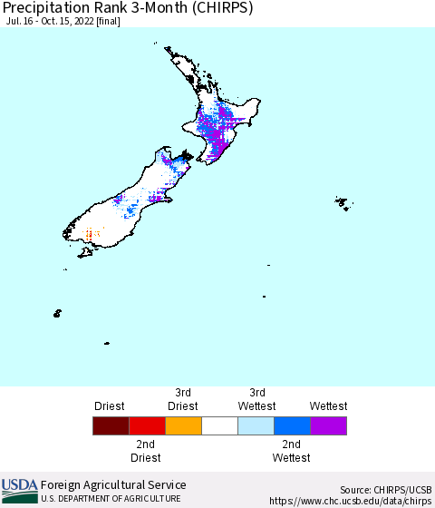 New Zealand Precipitation Rank since 1981, 3-Month (CHIRPS) Thematic Map For 7/16/2022 - 10/15/2022