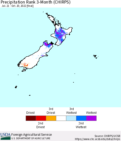 New Zealand Precipitation Rank since 1981, 3-Month (CHIRPS) Thematic Map For 7/21/2022 - 10/20/2022