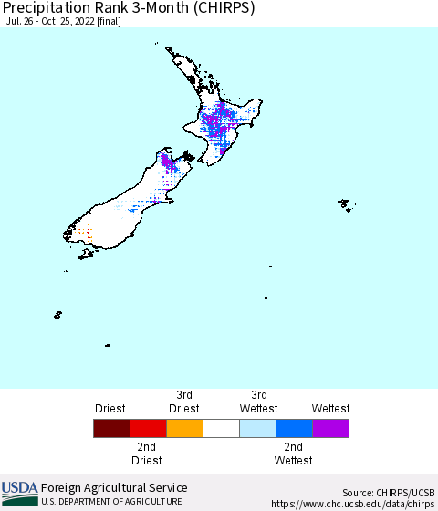 New Zealand Precipitation Rank since 1981, 3-Month (CHIRPS) Thematic Map For 7/26/2022 - 10/25/2022