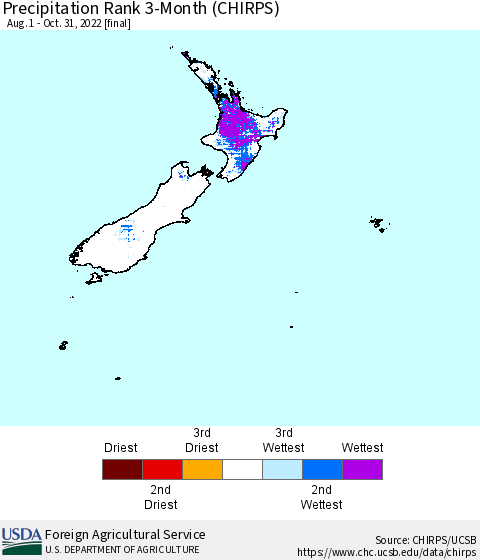 New Zealand Precipitation Rank since 1981, 3-Month (CHIRPS) Thematic Map For 8/1/2022 - 10/31/2022