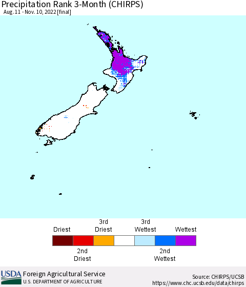 New Zealand Precipitation Rank since 1981, 3-Month (CHIRPS) Thematic Map For 8/11/2022 - 11/10/2022