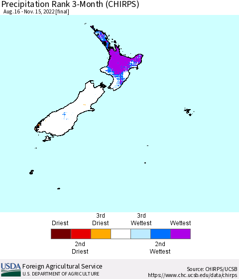 New Zealand Precipitation Rank since 1981, 3-Month (CHIRPS) Thematic Map For 8/16/2022 - 11/15/2022