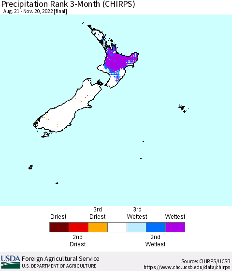 New Zealand Precipitation Rank since 1981, 3-Month (CHIRPS) Thematic Map For 8/21/2022 - 11/20/2022