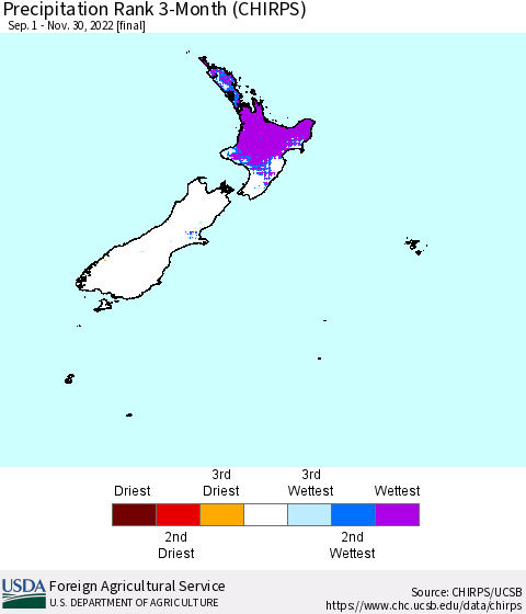 New Zealand Precipitation Rank since 1981, 3-Month (CHIRPS) Thematic Map For 9/1/2022 - 11/30/2022