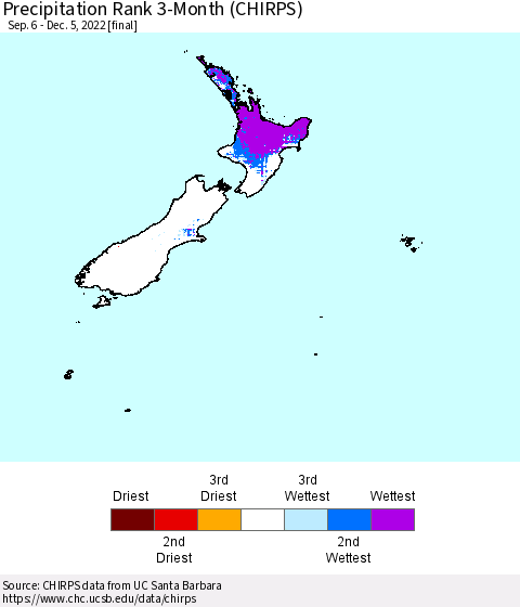 New Zealand Precipitation Rank since 1981, 3-Month (CHIRPS) Thematic Map For 9/6/2022 - 12/5/2022