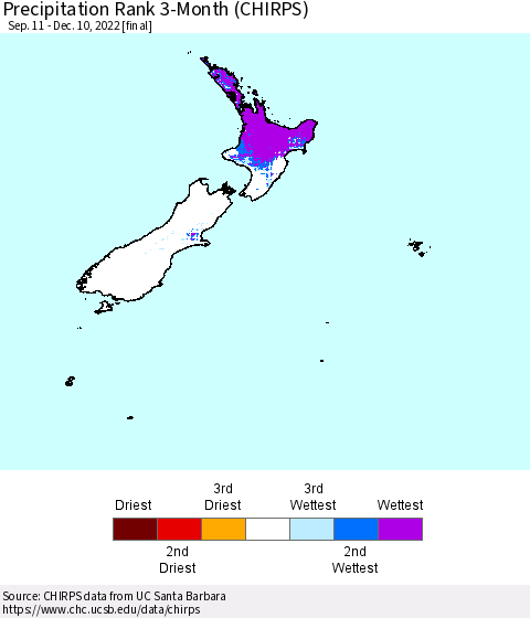New Zealand Precipitation Rank since 1981, 3-Month (CHIRPS) Thematic Map For 9/11/2022 - 12/10/2022