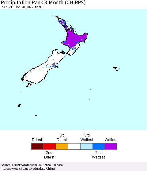 New Zealand Precipitation Rank since 1981, 3-Month (CHIRPS) Thematic Map For 9/21/2022 - 12/20/2022