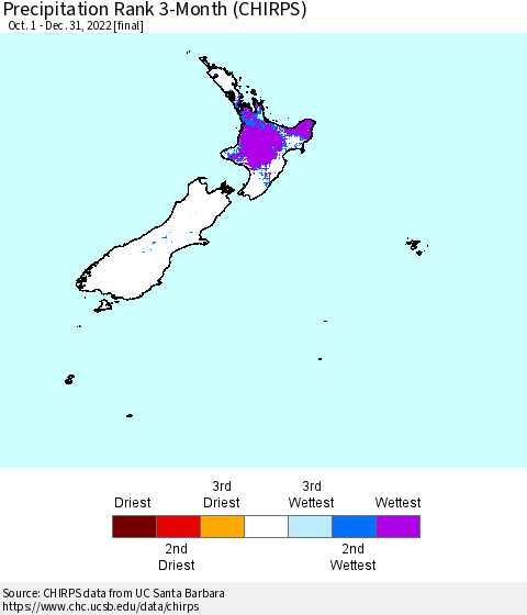 New Zealand Precipitation Rank since 1981, 3-Month (CHIRPS) Thematic Map For 10/1/2022 - 12/31/2022