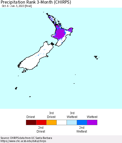 New Zealand Precipitation Rank since 1981, 3-Month (CHIRPS) Thematic Map For 10/6/2022 - 1/5/2023