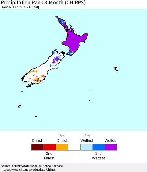 New Zealand Precipitation Rank since 1981, 3-Month (CHIRPS) Thematic Map For 11/6/2022 - 2/5/2023