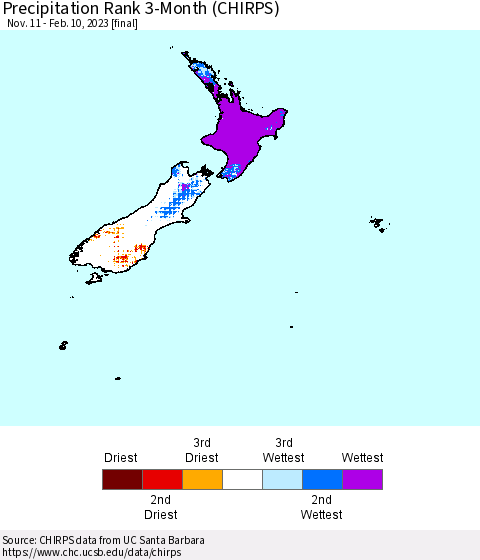 New Zealand Precipitation Rank since 1981, 3-Month (CHIRPS) Thematic Map For 11/11/2022 - 2/10/2023