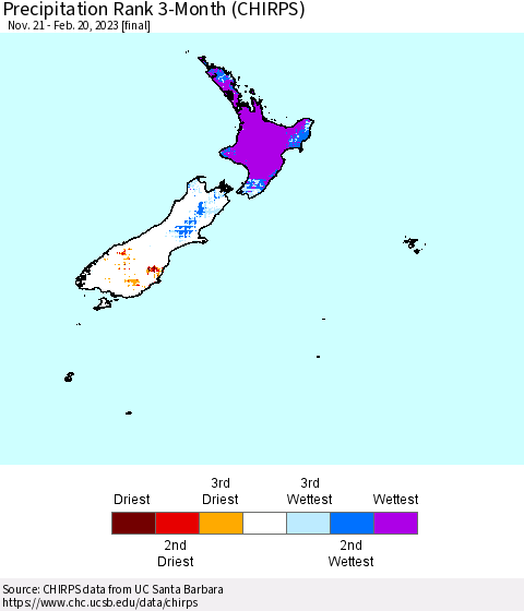 New Zealand Precipitation Rank since 1981, 3-Month (CHIRPS) Thematic Map For 11/21/2022 - 2/20/2023