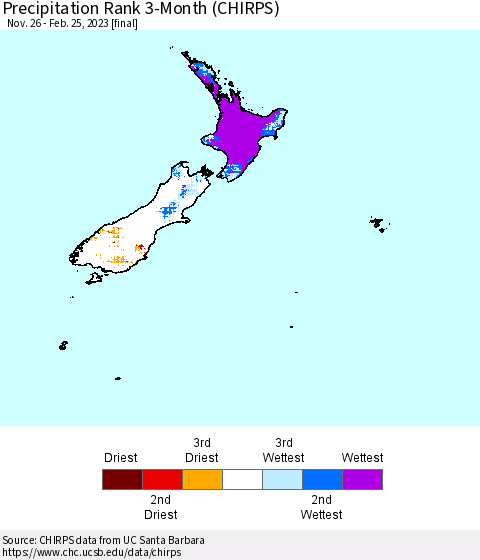 New Zealand Precipitation Rank since 1981, 3-Month (CHIRPS) Thematic Map For 11/26/2022 - 2/25/2023