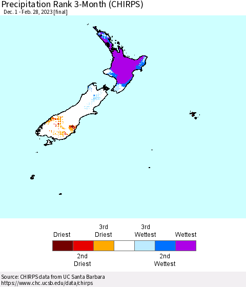 New Zealand Precipitation Rank since 1981, 3-Month (CHIRPS) Thematic Map For 12/1/2022 - 2/28/2023