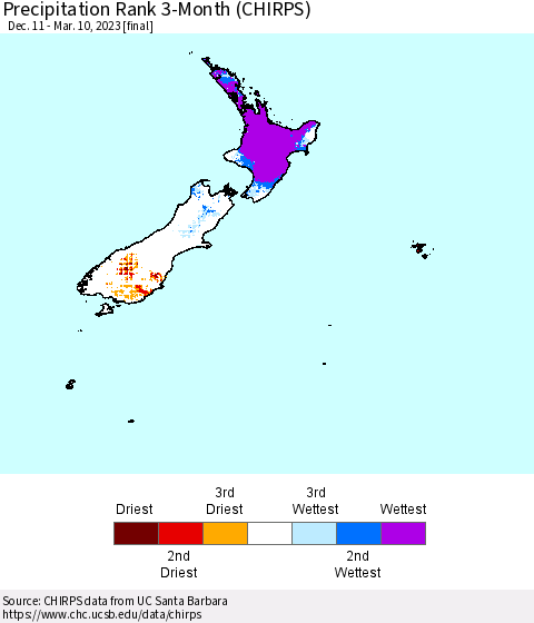 New Zealand Precipitation Rank since 1981, 3-Month (CHIRPS) Thematic Map For 12/11/2022 - 3/10/2023