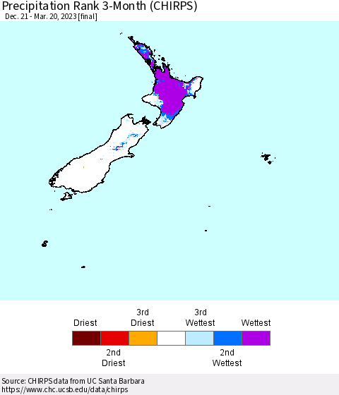 New Zealand Precipitation Rank since 1981, 3-Month (CHIRPS) Thematic Map For 12/21/2022 - 3/20/2023