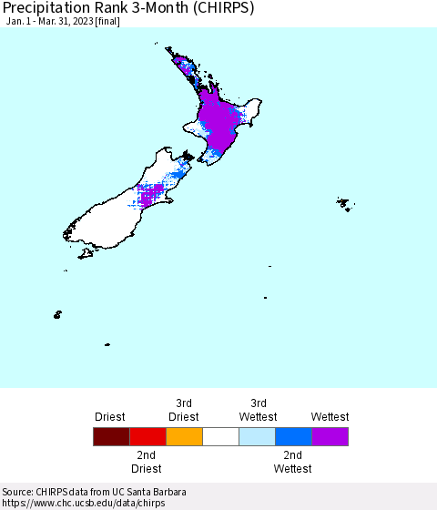 New Zealand Precipitation Rank since 1981, 3-Month (CHIRPS) Thematic Map For 1/1/2023 - 3/31/2023