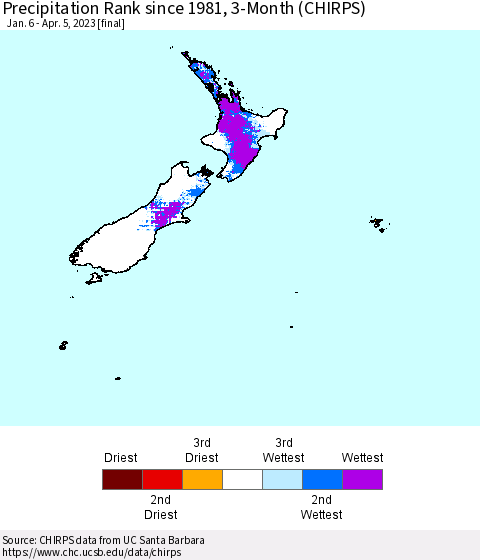 New Zealand Precipitation Rank since 1981, 3-Month (CHIRPS) Thematic Map For 1/6/2023 - 4/5/2023