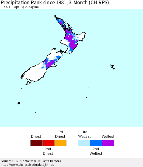 New Zealand Precipitation Rank since 1981, 3-Month (CHIRPS) Thematic Map For 1/11/2023 - 4/10/2023