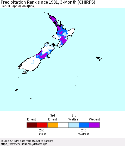 New Zealand Precipitation Rank since 1981, 3-Month (CHIRPS) Thematic Map For 1/21/2023 - 4/20/2023