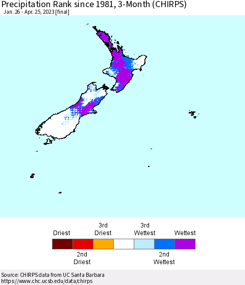New Zealand Precipitation Rank since 1981, 3-Month (CHIRPS) Thematic Map For 1/26/2023 - 4/25/2023