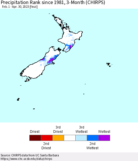 New Zealand Precipitation Rank since 1981, 3-Month (CHIRPS) Thematic Map For 2/1/2023 - 4/30/2023