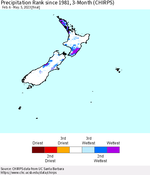 New Zealand Precipitation Rank since 1981, 3-Month (CHIRPS) Thematic Map For 2/6/2023 - 5/5/2023