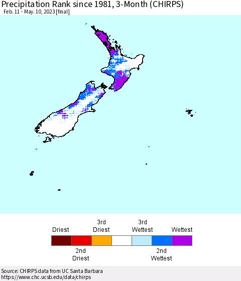 New Zealand Precipitation Rank since 1981, 3-Month (CHIRPS) Thematic Map For 2/11/2023 - 5/10/2023
