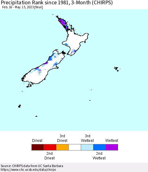 New Zealand Precipitation Rank since 1981, 3-Month (CHIRPS) Thematic Map For 2/16/2023 - 5/15/2023