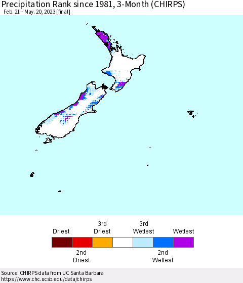 New Zealand Precipitation Rank since 1981, 3-Month (CHIRPS) Thematic Map For 2/21/2023 - 5/20/2023