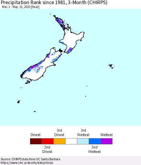 New Zealand Precipitation Rank since 1981, 3-Month (CHIRPS) Thematic Map For 3/1/2023 - 5/31/2023