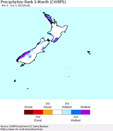 New Zealand Precipitation Rank since 1981, 3-Month (CHIRPS) Thematic Map For 3/6/2023 - 6/5/2023