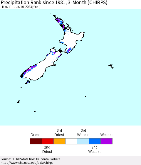New Zealand Precipitation Rank since 1981, 3-Month (CHIRPS) Thematic Map For 3/11/2023 - 6/10/2023