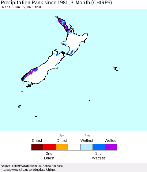 New Zealand Precipitation Rank since 1981, 3-Month (CHIRPS) Thematic Map For 3/16/2023 - 6/15/2023