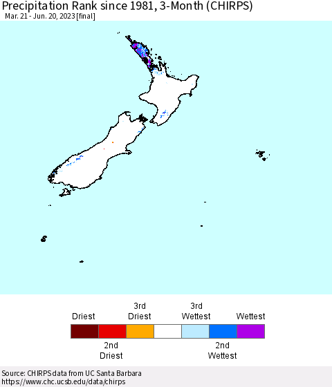 New Zealand Precipitation Rank since 1981, 3-Month (CHIRPS) Thematic Map For 3/21/2023 - 6/20/2023