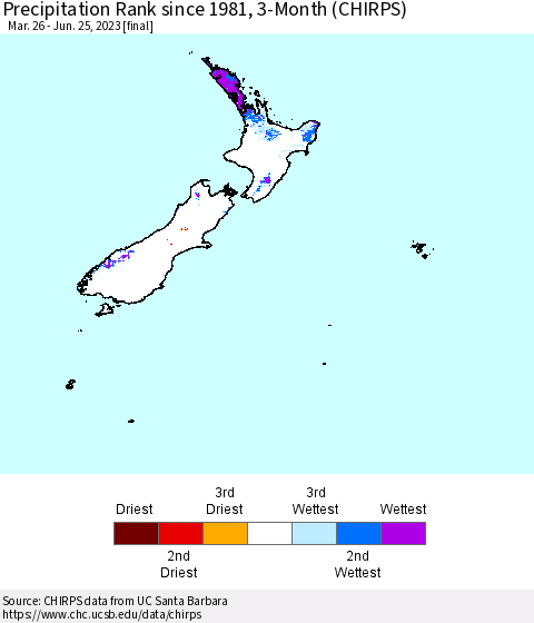 New Zealand Precipitation Rank since 1981, 3-Month (CHIRPS) Thematic Map For 3/26/2023 - 6/25/2023