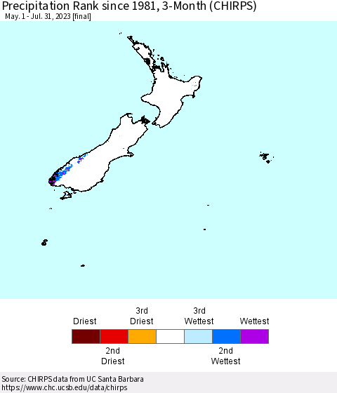 New Zealand Precipitation Rank since 1981, 3-Month (CHIRPS) Thematic Map For 5/1/2023 - 7/31/2023
