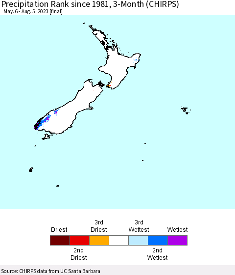 New Zealand Precipitation Rank since 1981, 3-Month (CHIRPS) Thematic Map For 5/6/2023 - 8/5/2023