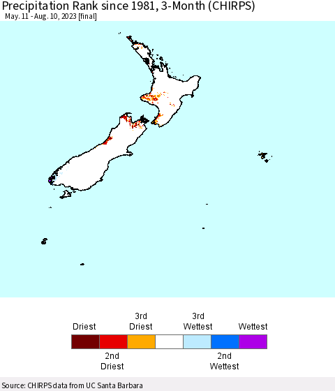 New Zealand Precipitation Rank since 1981, 3-Month (CHIRPS) Thematic Map For 5/11/2023 - 8/10/2023