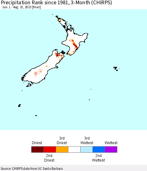 New Zealand Precipitation Rank since 1981, 3-Month (CHIRPS) Thematic Map For 6/1/2023 - 8/31/2023
