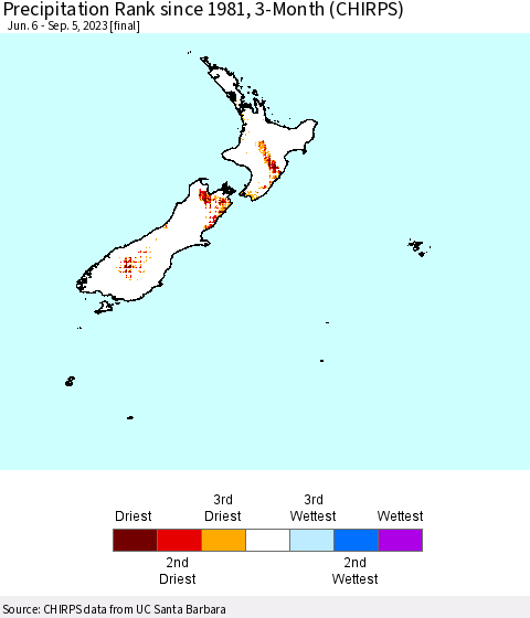 New Zealand Precipitation Rank since 1981, 3-Month (CHIRPS) Thematic Map For 6/6/2023 - 9/5/2023